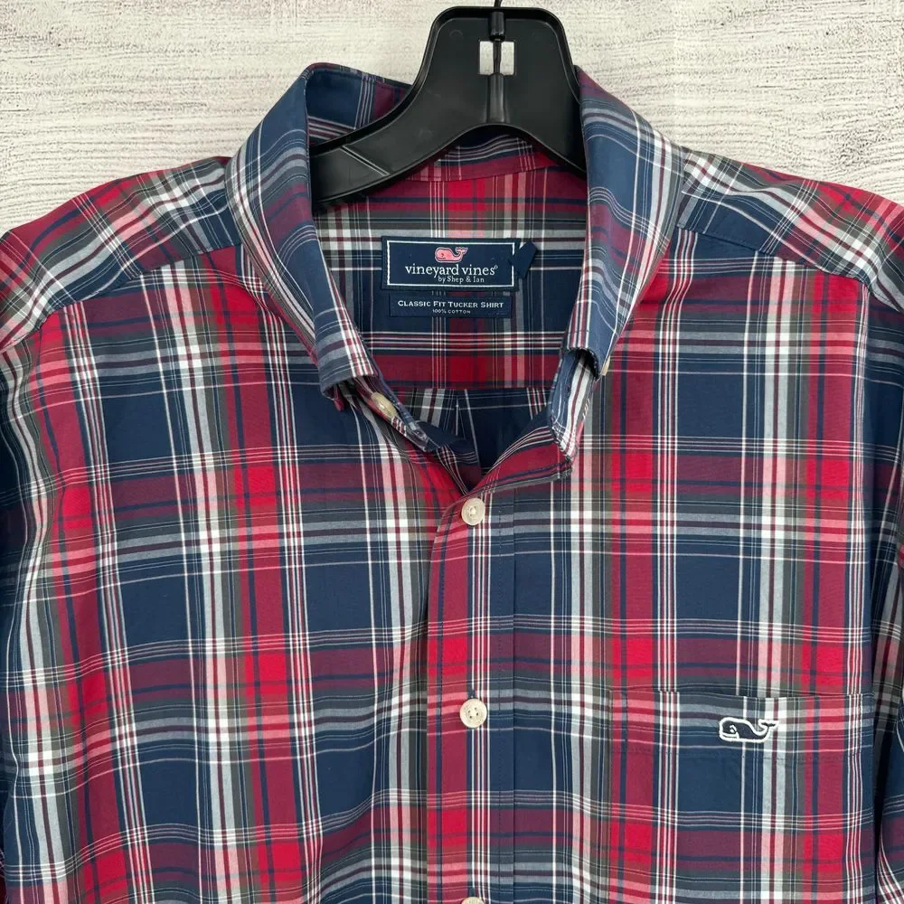 Vineyard Vines Classic Fit Tucker Plaid Button-Down Shirt Medium Navy Red Casual